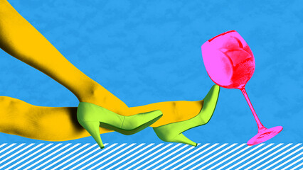Bold collage with yellow legs balancing bright pink wine glass. Concept of Christmas cocktail promo, seasonal bar marketing, lounge posters, festive drink campaigns, advertising visuals.
