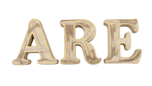 3D render of the word 'ARE' crafted from rustic, textured wooden letters, standing prominently on a clean dark transparent background. background removed