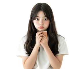 A Portrait of a Young Girl Holding a Notebook with an Introspective Expression isolated on transparent background Setting