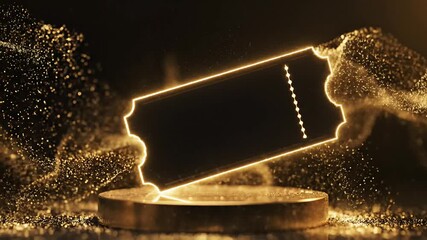 Elegant golden voucher template on dark stage podium surrounded by shimmering particles for luxury promotion and exclusive event access