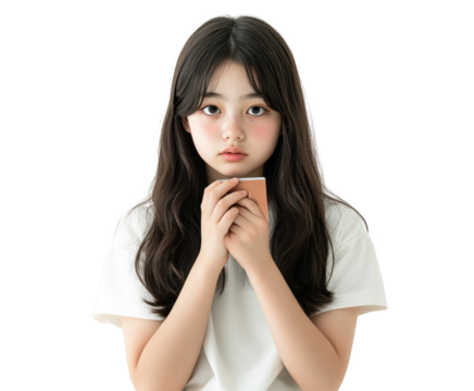A Portrait of a Young Girl Holding a Notebook with an Introspective Expression isolated on transparent background Setting