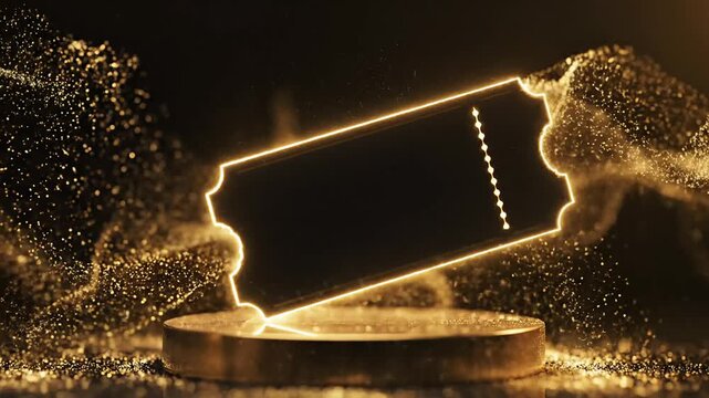 Elegant golden voucher template on dark stage podium surrounded by shimmering particles for luxury promotion and exclusive event access