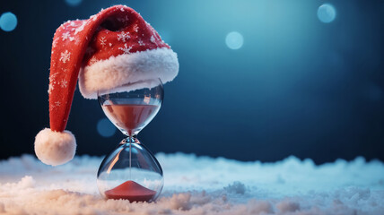 Hourglass with christmas hat on snow with bokeh background