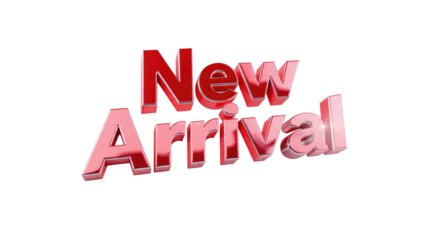 A striking 3D red 'New Arrival' text, glossy and metallic, signaling new products or collections. Ideal for promotions and announcements. background removed