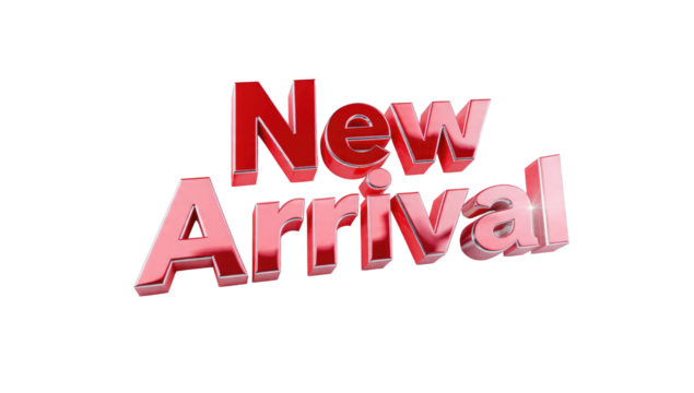 A striking 3D red 'New Arrival' text, glossy and metallic, signaling new products or collections. Ideal for promotions and announcements. background removed - Powered by Adobe