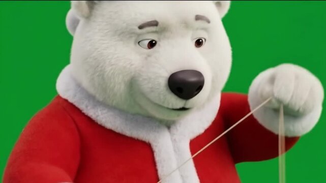 High-Quality 3D Animated Polar Bear Character in Santa Claus Suit Pulling String on Green Screen for Holiday Commercial.