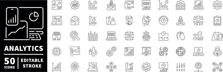 Analytics icons set - editable line icons, outline, statistic and data symbols