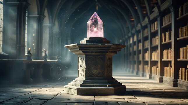 Mystic Crystal on Pedestal in an Ancient Library Hall – Magical and Enigmatic Scene with Historical Charm