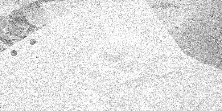 Black dusty textured background with noisy dotted grain and layers of crumpled grid paper. Retro grunge halftone overlay with worn folds and soft torn notebook edges.