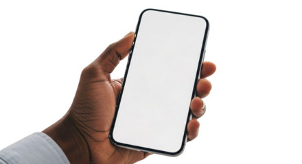 Hand holding a modern smartphone with a blank white screen isolated on a transparent background 1