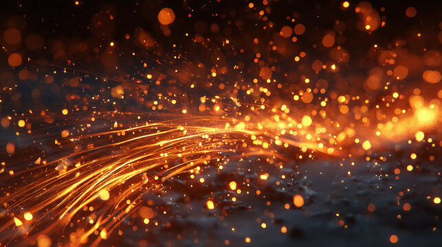 Fiery sparks in motion against a dark background, with an emphasis on energy and movement