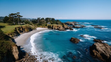 A beautiful beach with a rocky shoreline and a blue ocean. The beach is empty and the water is calm