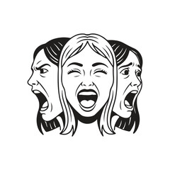 😱 Three Faces of Woman Screaming Expressing Strong Emotion Vector