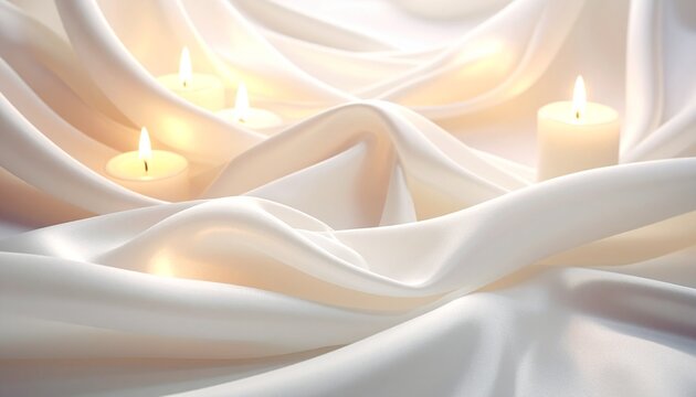 Beautiful abstract holiday background featuring the warm, golden glow of candles on draped white satin, referencing the light of St. Lucia Day.