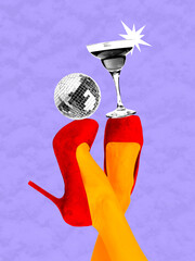 Energetic collage of legs in bright heels near glowing cocktail glass. Concept of New Year...