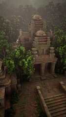 Aerial view of an old temple nestled among lush trees in the Cambodian jungle.