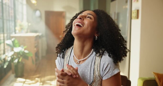 Dance, laptop or happy woman in home with celebration for opportunity, website launch or entrepreneur. Interior design, startup or excited decorator with applause for first client, achievement or pc