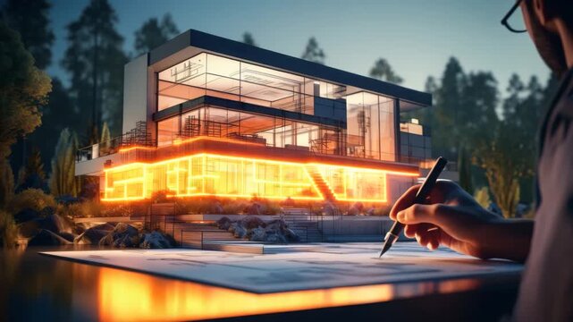 Futuristic Architectural Blueprint with Glowing Modern House