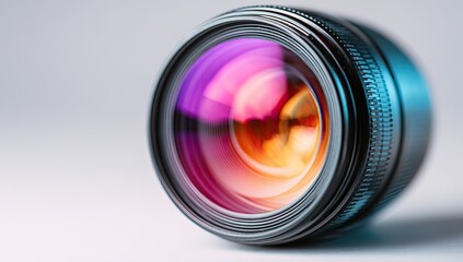 Close-up studio shot of a camera lens reflecting light and vibrant colors