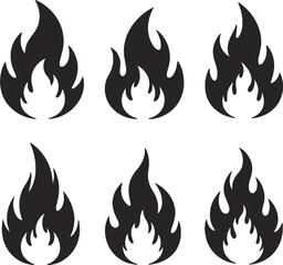 set of bold flame icons featuring multiple fire silhouettes representing heat energy and warning concepts