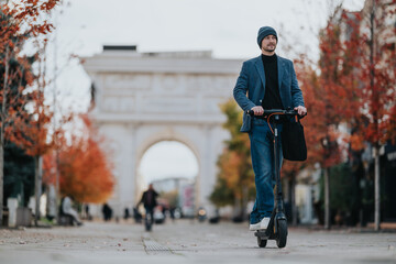 A stylish man rides an electric scooter along a tree-lined avenue in autumn, wearing a beanie and blazer. An urban scene of casual commuting and city life in cool weather.
