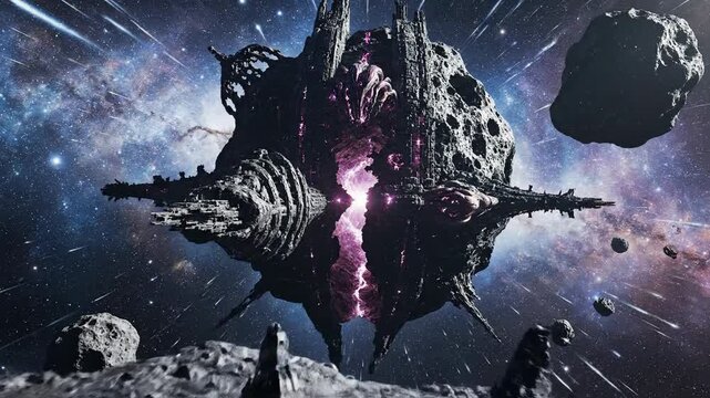 Cosmic creature amidst asteroid field against starry nebula background