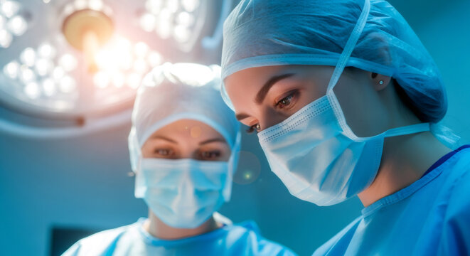 Medical team, consisting of a female surgeon and male assistant, is focused on a surgical procedure in a well-lit operating room, showcasing teamwork and precision in healthcare