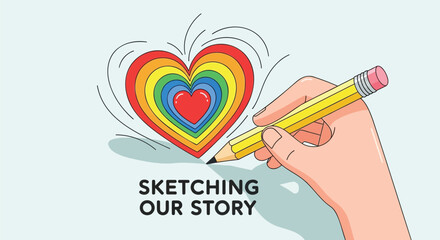 Hand drawing a rainbow heart with concentric layers and radiating lines symbolizing love and creativity