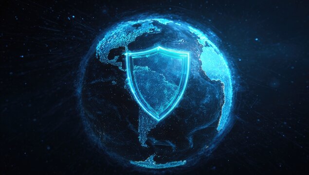 Glowing digital globe with protective shield, representing cyber security and global safety