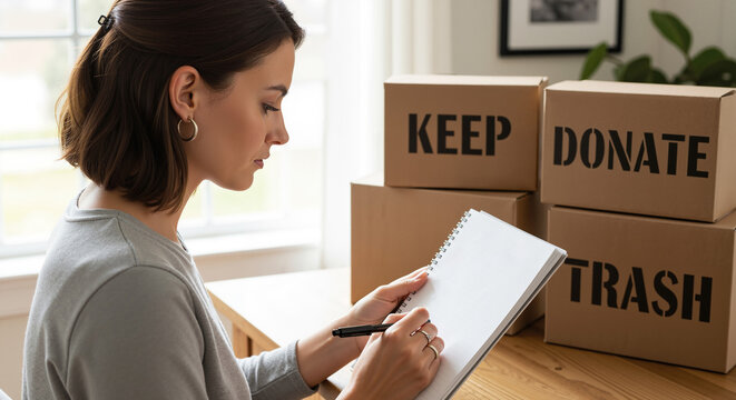 Woman decluttering her home, sorting items into keep, donate, and trash boxes. Concept of organizing and minimalist lifestyle. - Powered by Adobe