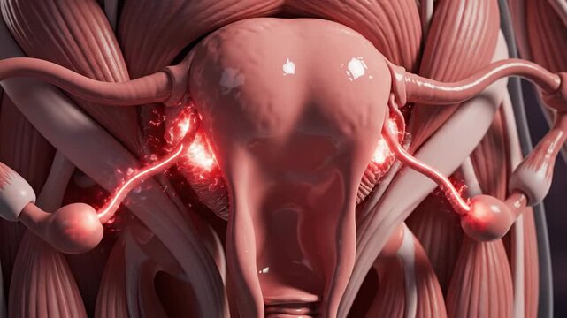Female Reproductive System Anatomy with Uterus, Fallopian Tubes, and Muscles Highlighted, Medical Visualization for Education and Healthcare Concepts