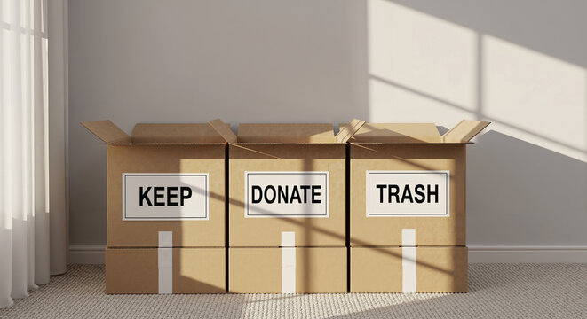 Keep, Donate, and Trash boxes for decluttering and home organization during a spring clean or move.