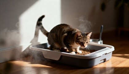 Tabby cat using litter box in sunlit home interior