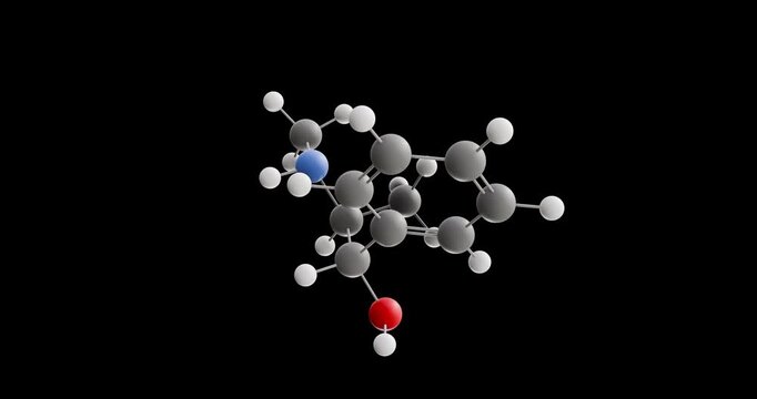 Pseudoephedrine molecule, rotating 3D model of sympathomimetic medication, looped video on a black background
