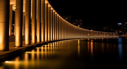 Warmly lit classical colonnade curving along an urban waterfront at twilight, with dramatic reflections on the dark water.