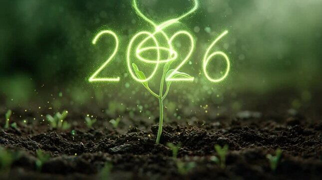 Glowing 2026 Plant Sprout in Lush Green Soil Environment