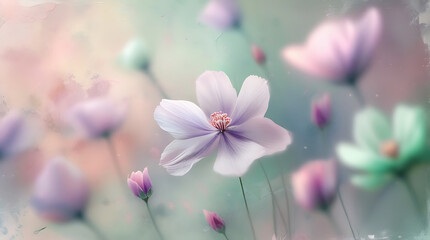 A gentle pastel floral arrangement with soft focus and delicate light blooms, 32K Resolution