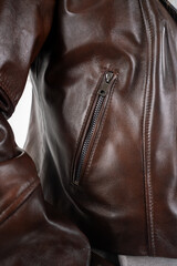 Brown leather jacket close up