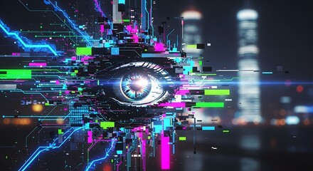 Digital glitch effect with distorted lines and modern cyber aesthetic.