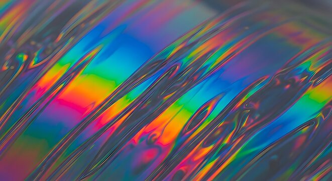 Abstract holographic textures with iridescent colors and fluid reflections. - Powered by Adobe