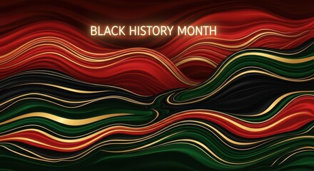 Elegant black history month text with flowing, abstract waves in red, green, and gold, symbolizing pride and richness