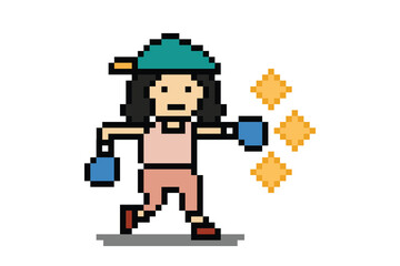 Fototapeta premium Cartoon 8 bit woman punch boxing jab exercise with active lifestyle girl home workout gym fitness boxer decor.