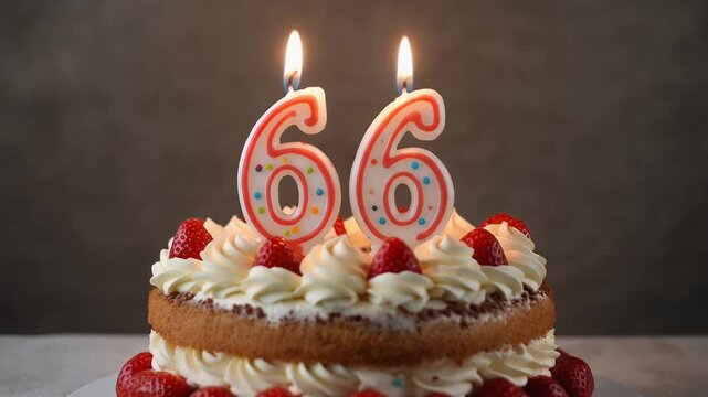 Decorated cake with candle in number 66. Video for birthday or anniversary party and celebration