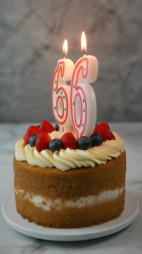 Decorated cake with candle in number 66. Video for birthday or anniversary party and celebration