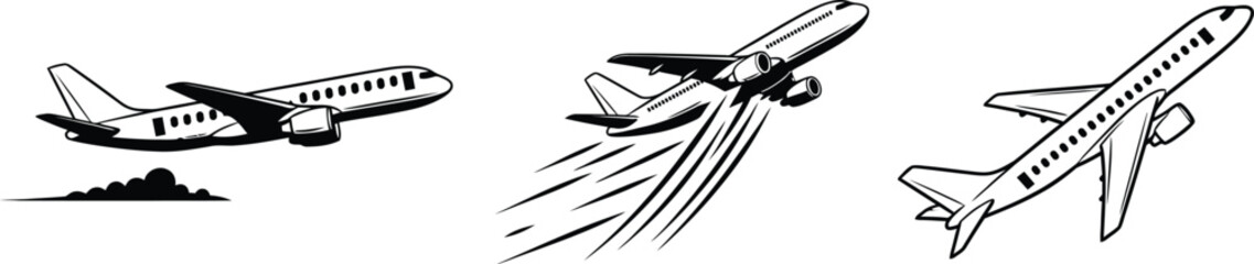 Three airplane illustrations in different flight positions with black and white design