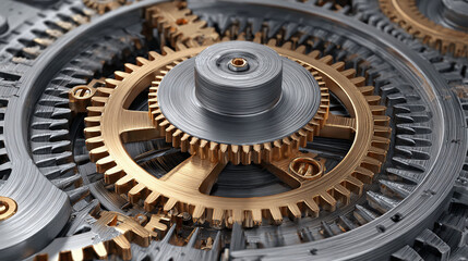 Intricate gears of a machine interlocked. The machine parts are a beautiful display of technology 