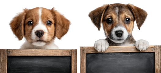 Adorable Puppies with Charming Expressions and Blackboard Signages Ready for Messages of Love and Joy isolated on transparent background 