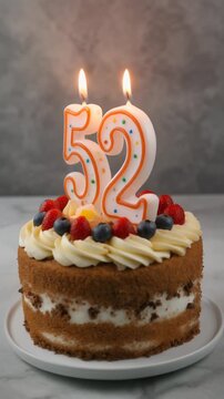 Decorated cake with candle in number 52. Video for birthday or anniversary party and celebration