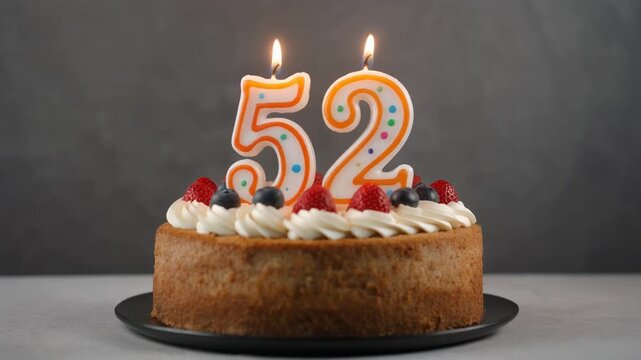 Decorated cake with candle in number 52. Video for birthday or anniversary party and celebration