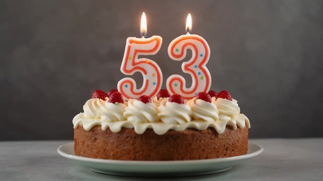 Decorated cake with candle in number 53. Video for birthday or anniversary party and celebration
